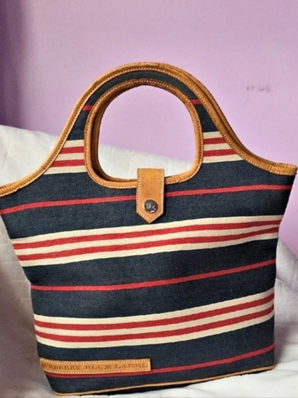 Burberry Striped Tote in Blue & Red